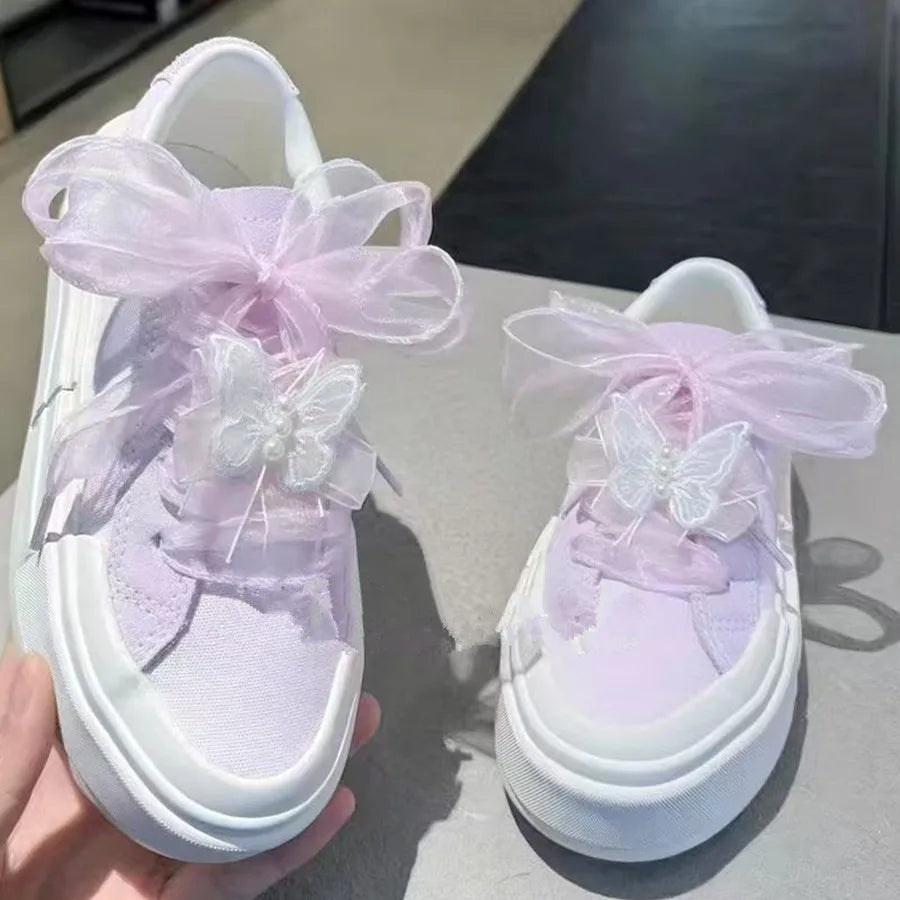 4cm Wide Festoon Fishtail Organza Shoelaces Wave Chiffen Yarn Bow Laces Beauty White Casual Sneaker DE Training Shoes Laces