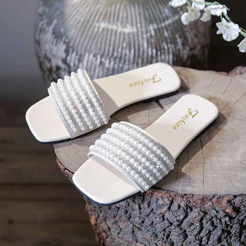 Flat Slippers Female 2025 Summer New Fashion Beach Non-slip Women's Slippers Outdoor Pearl Luxury Brand Designer Shoes Zapatos - Belvar