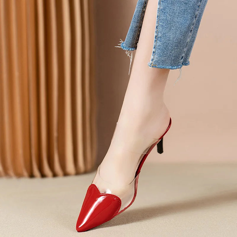 Pointed Toe Slippers,2024 High Heeled Summer Shoes,Transparent PVC Slides,Outside Wearing,Slip On,Black,White,Red,35-40,Dropship - Belvar