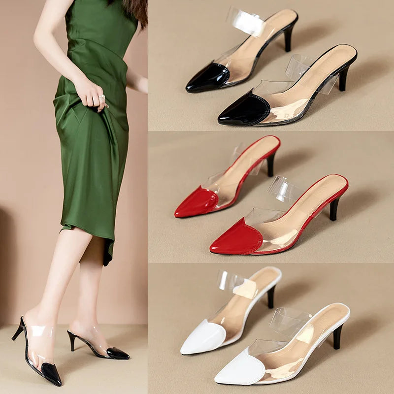 Pointed Toe Slippers,2024 High Heeled Summer Shoes,Transparent PVC Slides,Outside Wearing,Slip On,Black,White,Red,35-40,Dropship - Belvar