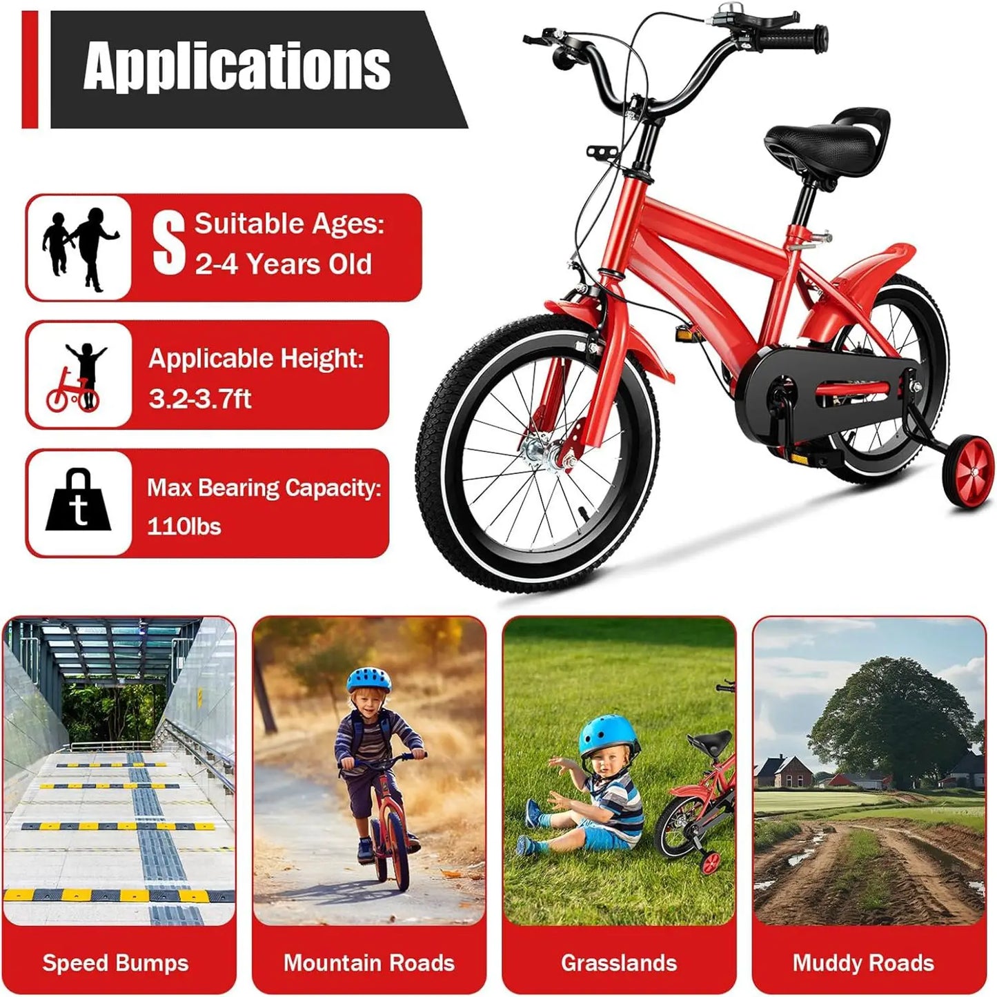 Kids Bike for Ages 3-6 Years Old Boys Girls 14 Inch Kid's Bikes with Training Wheels High Carbon Steel Children's Bicycle - Belvar