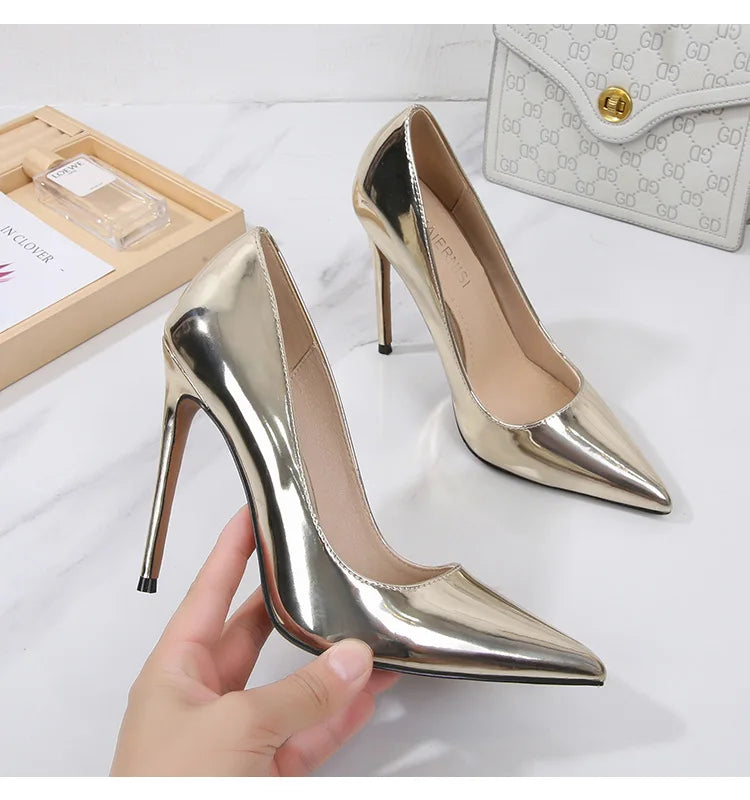 High Heels for Women ELEGANT Sweet Fashion British Style Slip-On 12CM Thin Heels Pointed Toe Office Career Women Shoes Gold 46 - Belvar