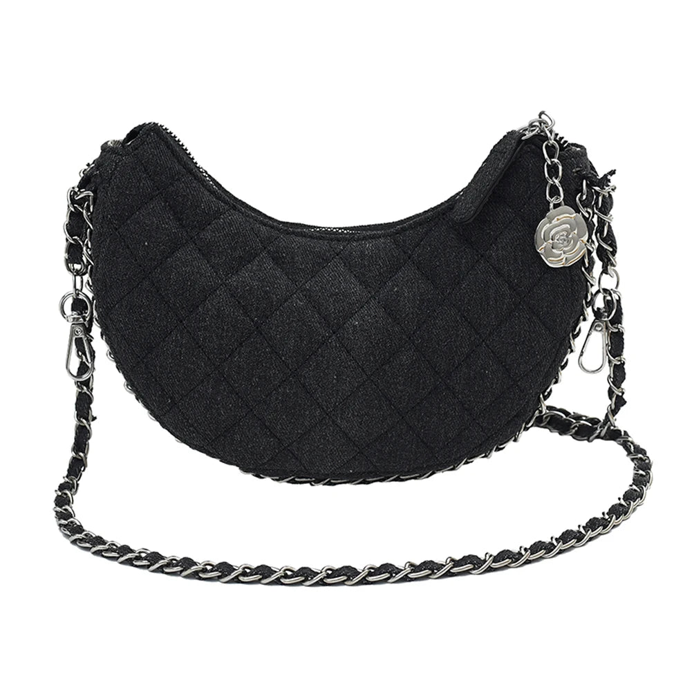 2023 New Denim Fabrics Chain Crossbody Bags Fashion Diffusion Stitching Small Crescent Bags Women's Luxury Underarm Tote Handbag