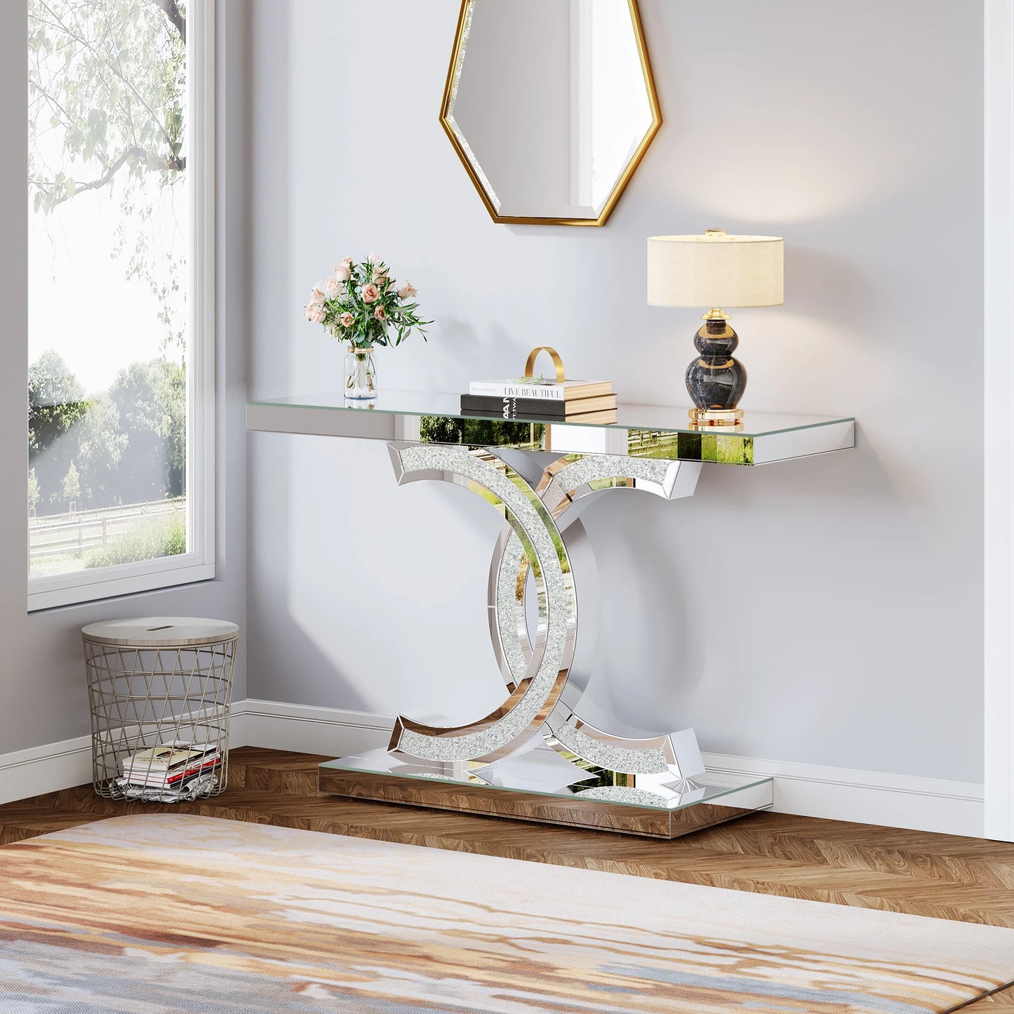 Tribesigns Gold Entryway Table, Modern 39-Inch Console Faux Marble Narrow Wood Sofa with Geometric Metal Legs