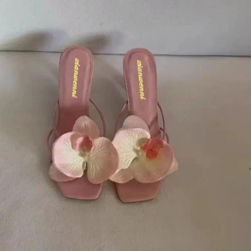 Brand Shoes Female 2025 Summer New Elegant Flowers Design Women's Slippers Casual Fashionable Outer Wear High Heel Slides Women - Belvar