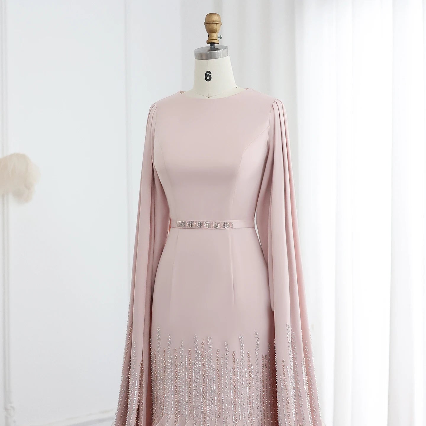 Sharon Said Luxury Dubai Nude Evening Dresses with Cape Sleeves Tiered Ruffles Arabic Women Wedding Party Gowns SS440 Customized
