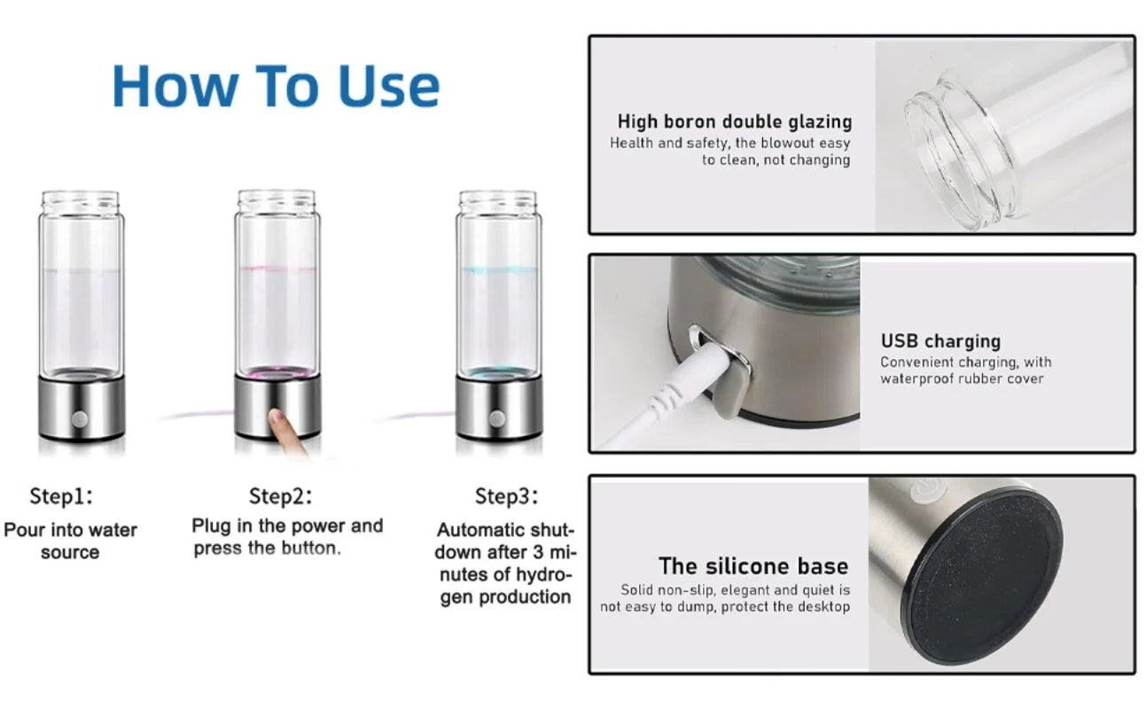 Portable Hydrogen Water Bottle Generator Ionizer Machine Rechargeable Hydrogen Rich Water Glass Health Cup 450ml Gift
