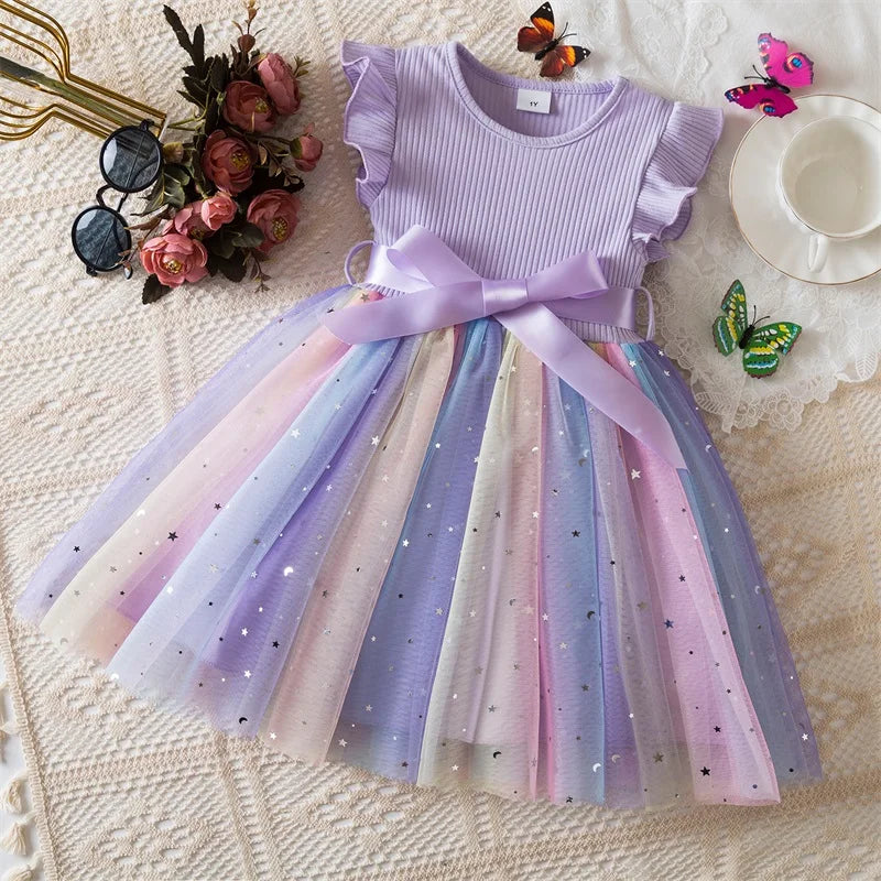 Toddler Girls Princess Dress Children Rainbow Sleeveless Tulle Dress Summer New Baby Birthday Party Vestido Sweet Casual Clothes