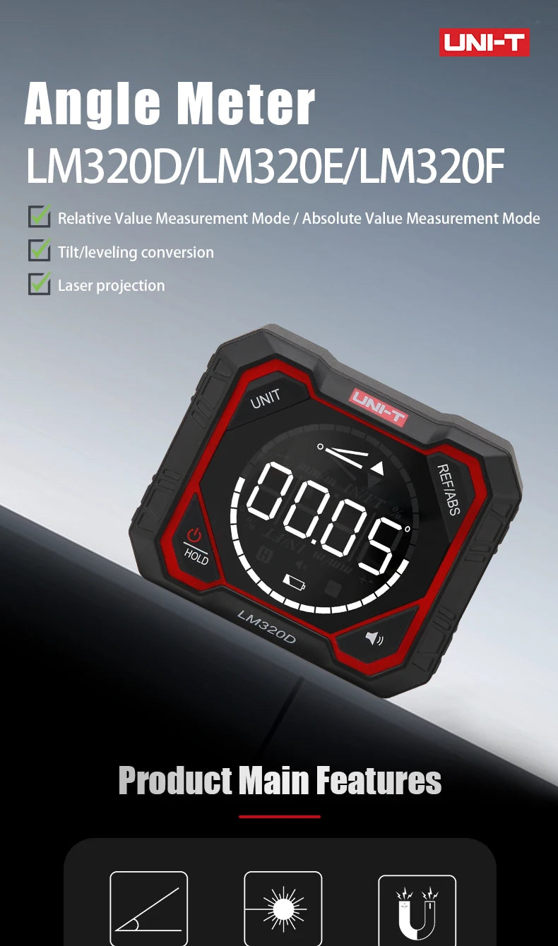 UNI-T LM320D LM320E LM320F Laser Inclinometer Digital Angel Meter with Absolute Relative Angle Measurement Magnetic Inclinometer