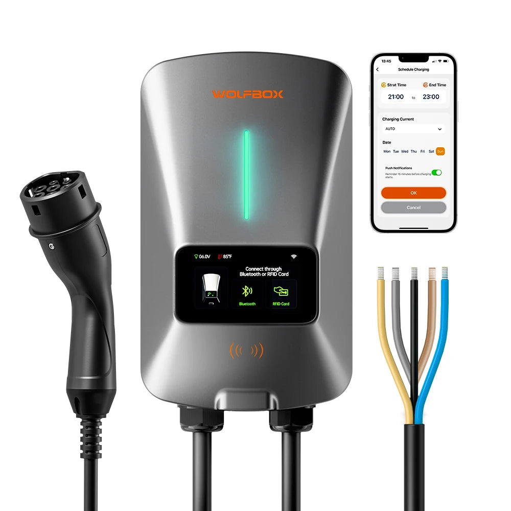 WOLFBOX EV Charging Station Type 2 7KW 32A 1 Phase Electric Vehicle Car Charger Wallbox with LCD Screen APP Control RFID Card