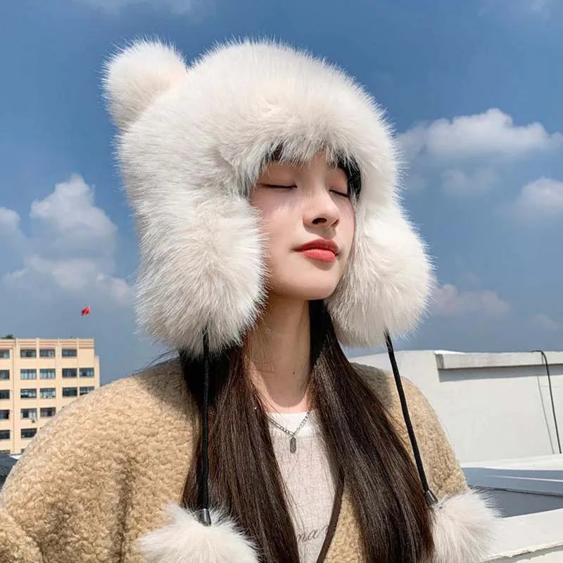 Women Winter Warm Kawaiyi Fox Fur Imitation Mink Plush Hat Thickened Cute Bear Ear plush Lei Feng hat Ear Protection Cosplay Cap