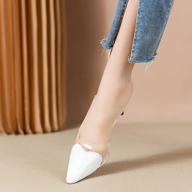 Pointed Toe Slippers,2024 High Heeled Summer Shoes,Transparent PVC Slides,Outside Wearing,Slip On,Black,White,Red,35-40,Dropship - Belvar