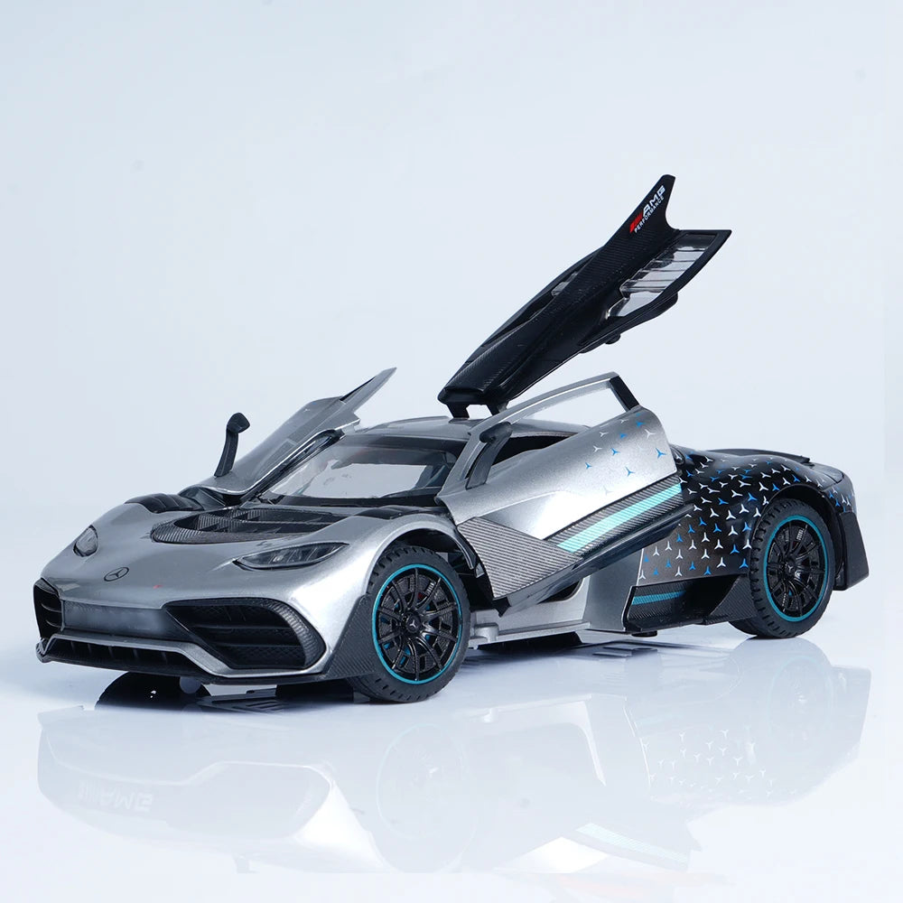1:24 Gray Alloy Supercar Model with Sound and Light, Pull Back, Three Doors, Lift up Tail, Front Wheel Steering, Four Wheel Shock, Boy Toy