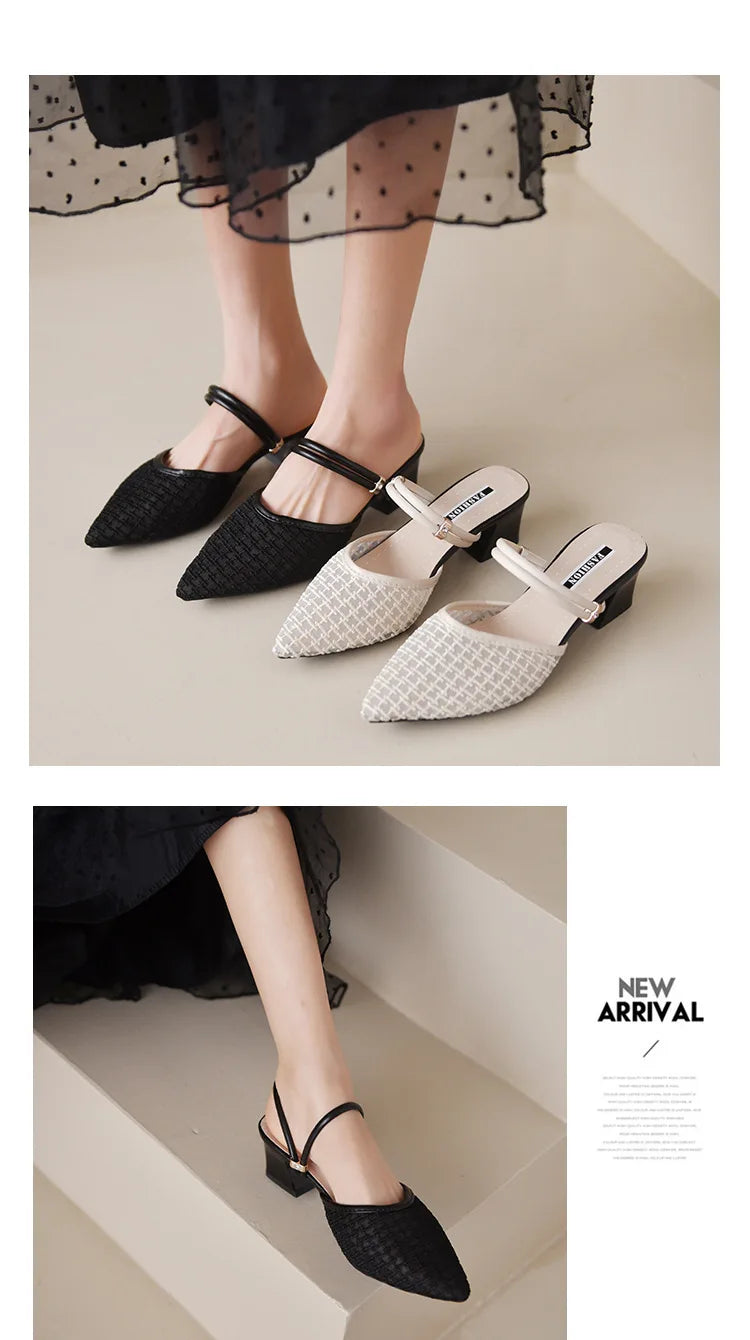 Women's New Slippers Minimalist Fashionable Thick-heeled Slip-on Sandals Summer Two-way Outer Wear One Line High Heel Slippers - Belvar