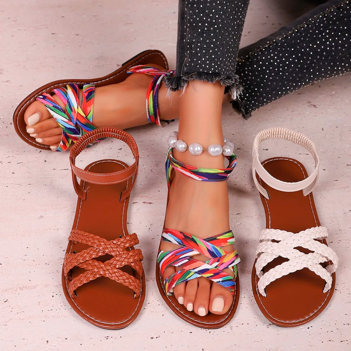 Shoes for Women 2025 Summer New Women Flat Sandals Bottom Roman Strap Sandals with Non Slip Rubber Soles Ladies Daily Sandalia - Belvar