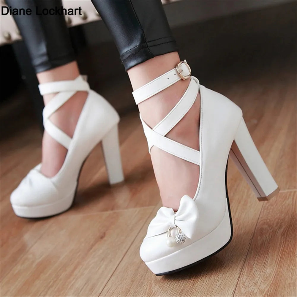 High Heels Women 2025 Trend Chunky Heels Platform Lolita Mary Jane Elegant Party Korean Shoes Dress White The Glossy Fashion - Belvar