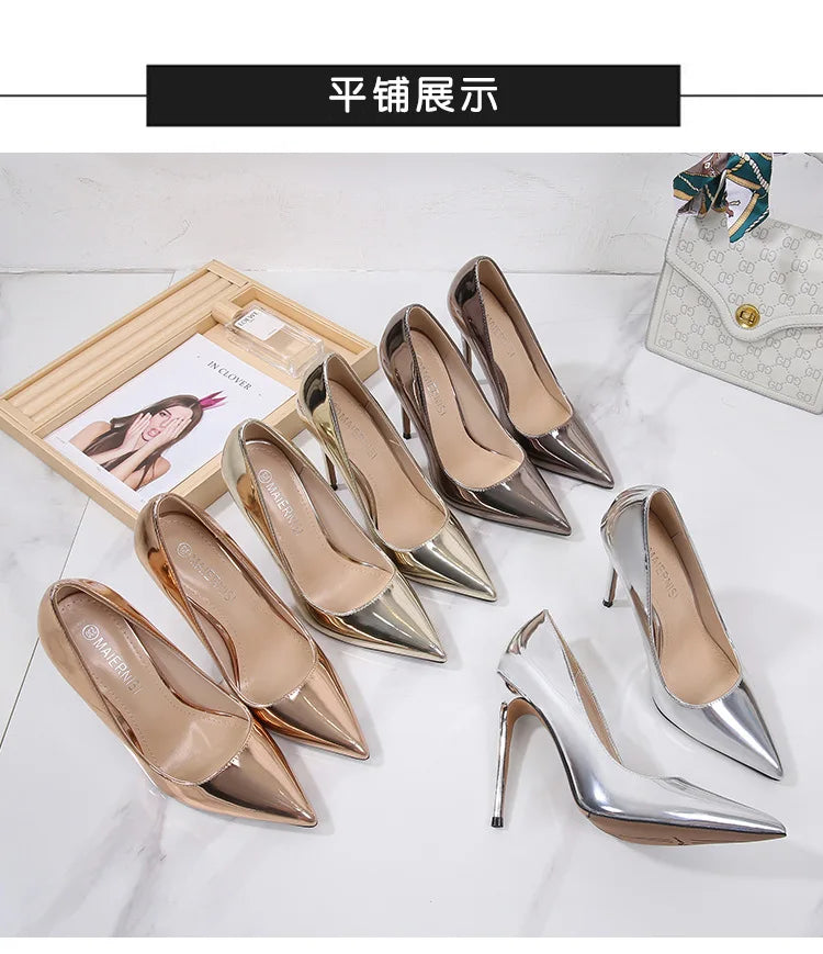 High Heels for Women ELEGANT Sweet Fashion British Style Slip-On 12CM Thin Heels Pointed Toe Office Career Women Shoes Gold 46 - Belvar