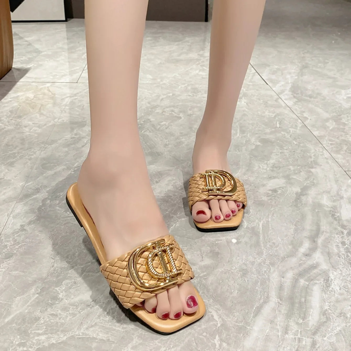 Women Slippers Party Sexy Elegant Slippers Women Luxury Decor Weave Designer Flat Sandals Fashion Open-toe Vacation Slides Women - Belvar