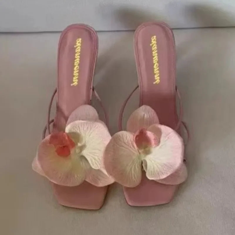 Brand Shoes Female 2025 Summer New Elegant Flowers Design Women's Slippers Casual Fashionable Outer Wear High Heel Slides Women - Belvar
