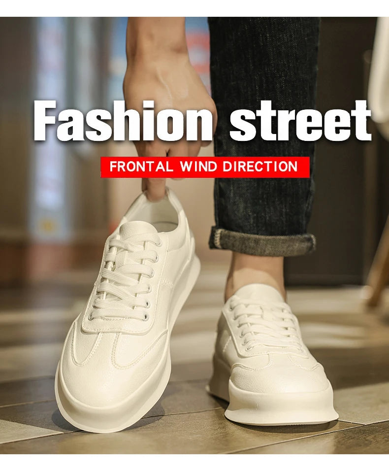 Original Men's Sneakers New Thick-soled Small White Shoes Casual Sports Flat Heel Round Toe Comfortable Trend Fashion Elastic PU - Belvar