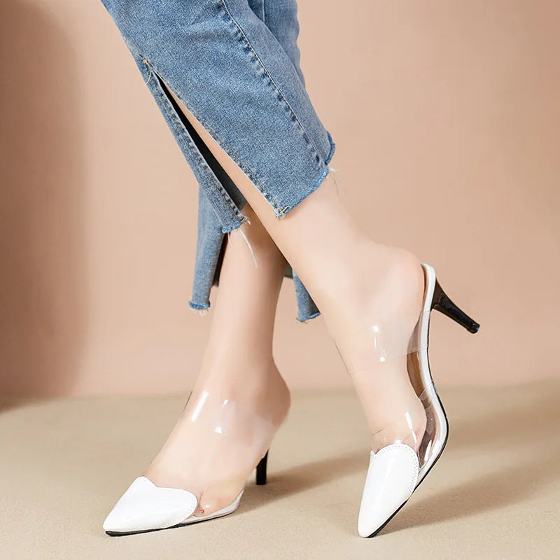 Pointed Toe Slippers,2024 High Heeled Summer Shoes,Transparent PVC Slides,Outside Wearing,Slip On,Black,White,Red,35-40,Dropship - Belvar