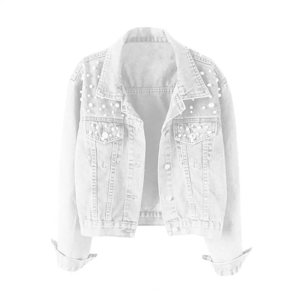 Trendy Women Denim Jacket Firm Stitching Autumn Denim Jacket Breathable Cardigan Imitation Pearl Autumn Coat Beads Decor