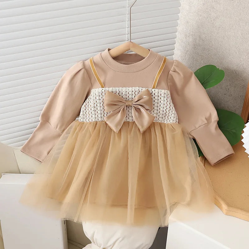 Toddler Baby Dresses For Girls Cotton Long Sleeve Mesh Bow Lace Girls Dress Fashion Princess Clothes For Kids Spring Autumn