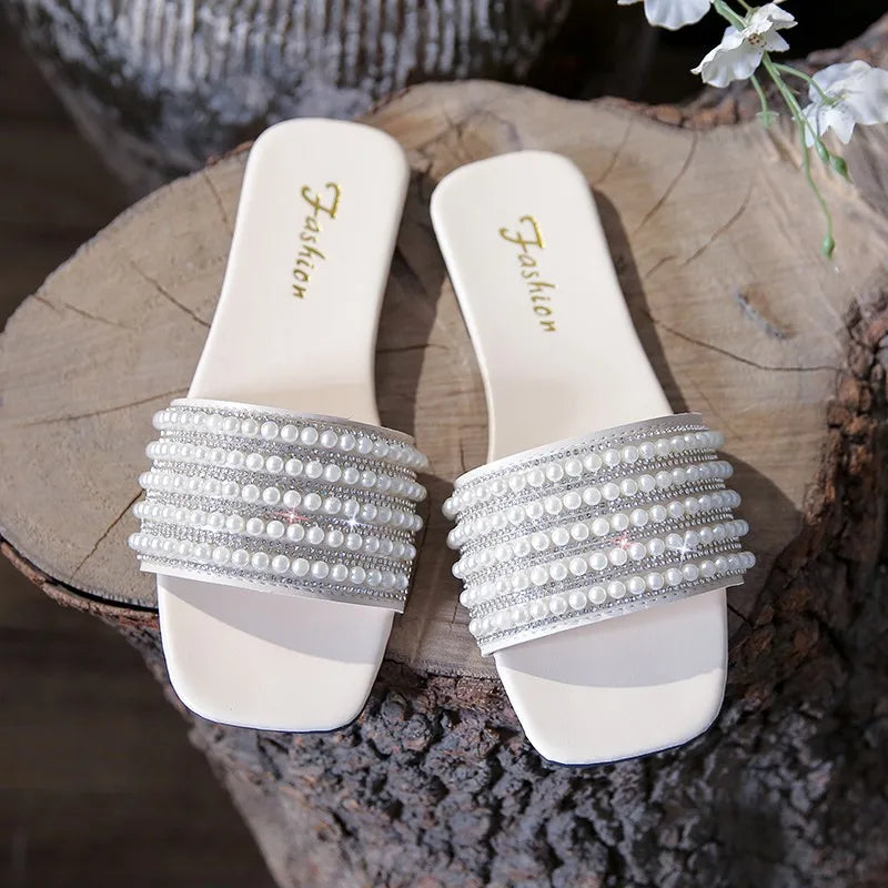 Flat Slippers Female 2025 Summer New Fashion Beach Non-slip Women's Slippers Outdoor Pearl Luxury Brand Designer Shoes Zapatos - Belvar