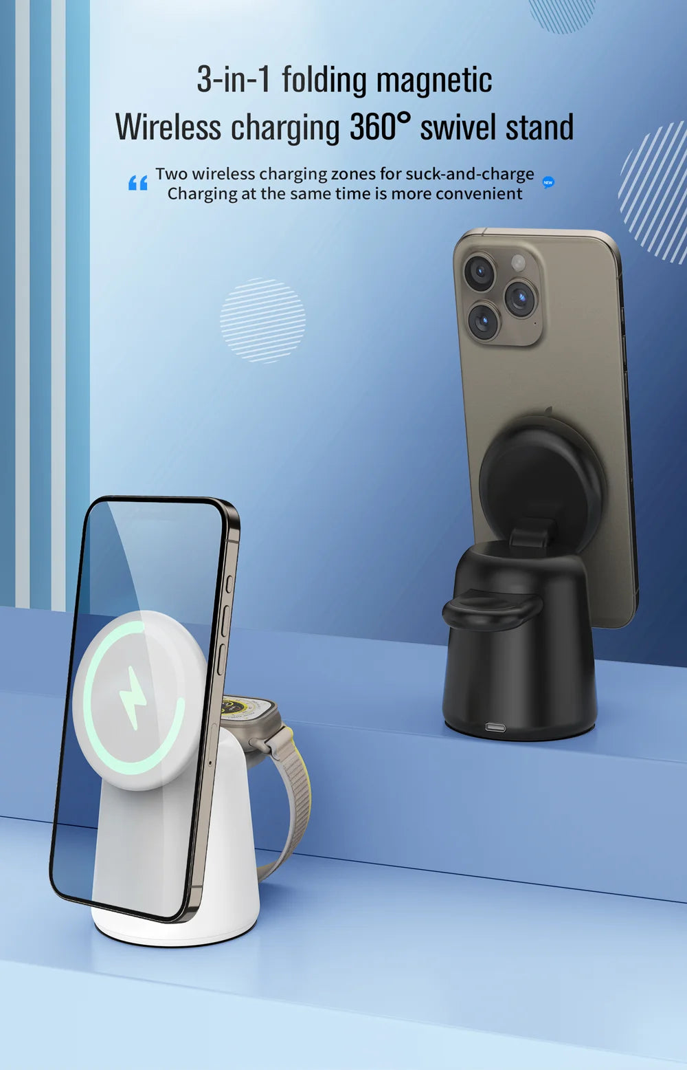 3 in 1 Magnetic Wireless Charger Stand Foldable for iPhone 15 14 13 12 Pro Max Airpods IWatch 9 8 7 6 Fast Charging Dock Station