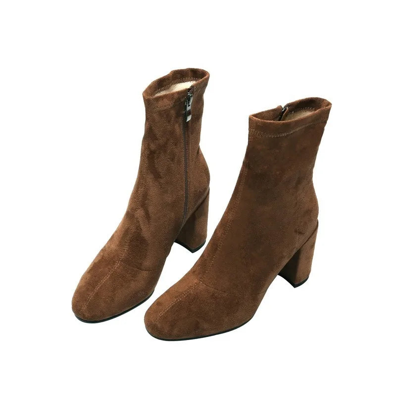 Ladies Shoes on Sale 2023 Zipper Women's Boots Autumn Square Toe Solid Short Barrel Shoes Female Chunky Heel Rider Boots Zapatos - Belvar