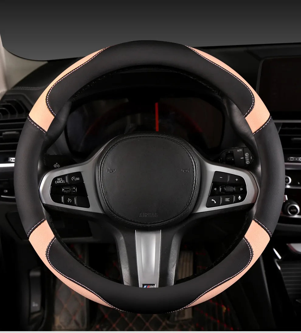 Car Steering Wheel Cover - Universal Car for Diverse Cars, Durable Leather Cover with Anti-Slip Lining, Fit for 14.5"-15" - Belvar