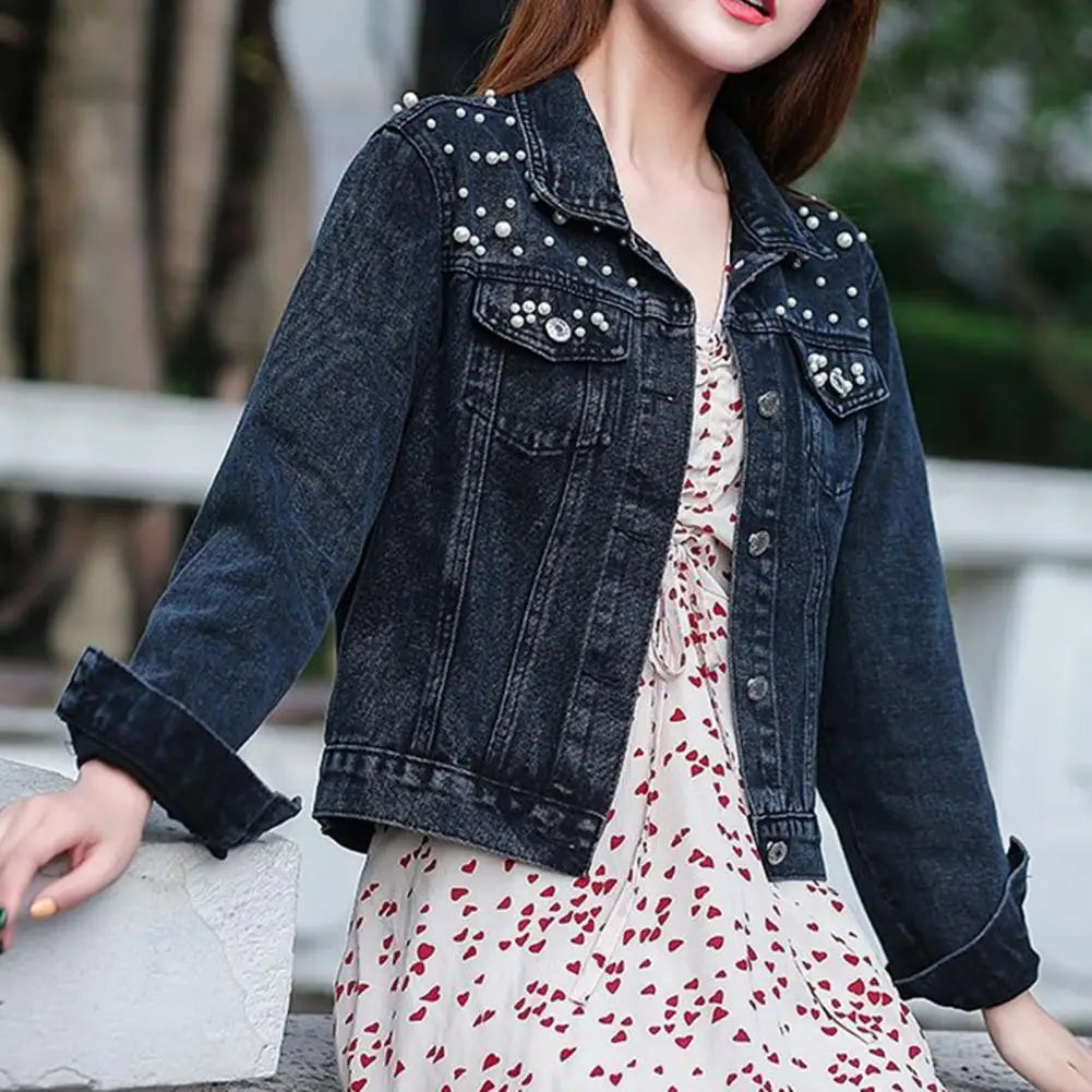Trendy Women Denim Jacket Firm Stitching Autumn Denim Jacket Breathable Cardigan Imitation Pearl Autumn Coat Beads Decor