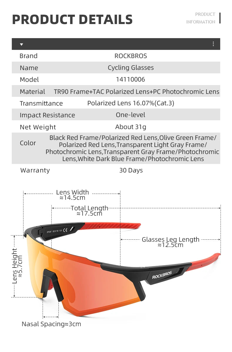 ROCKBROS Cycling Glasses Sun Protection Photochromic Bike Sunglasses Eyewear Sport Polarized Lens Glaases Bicycle Glasses