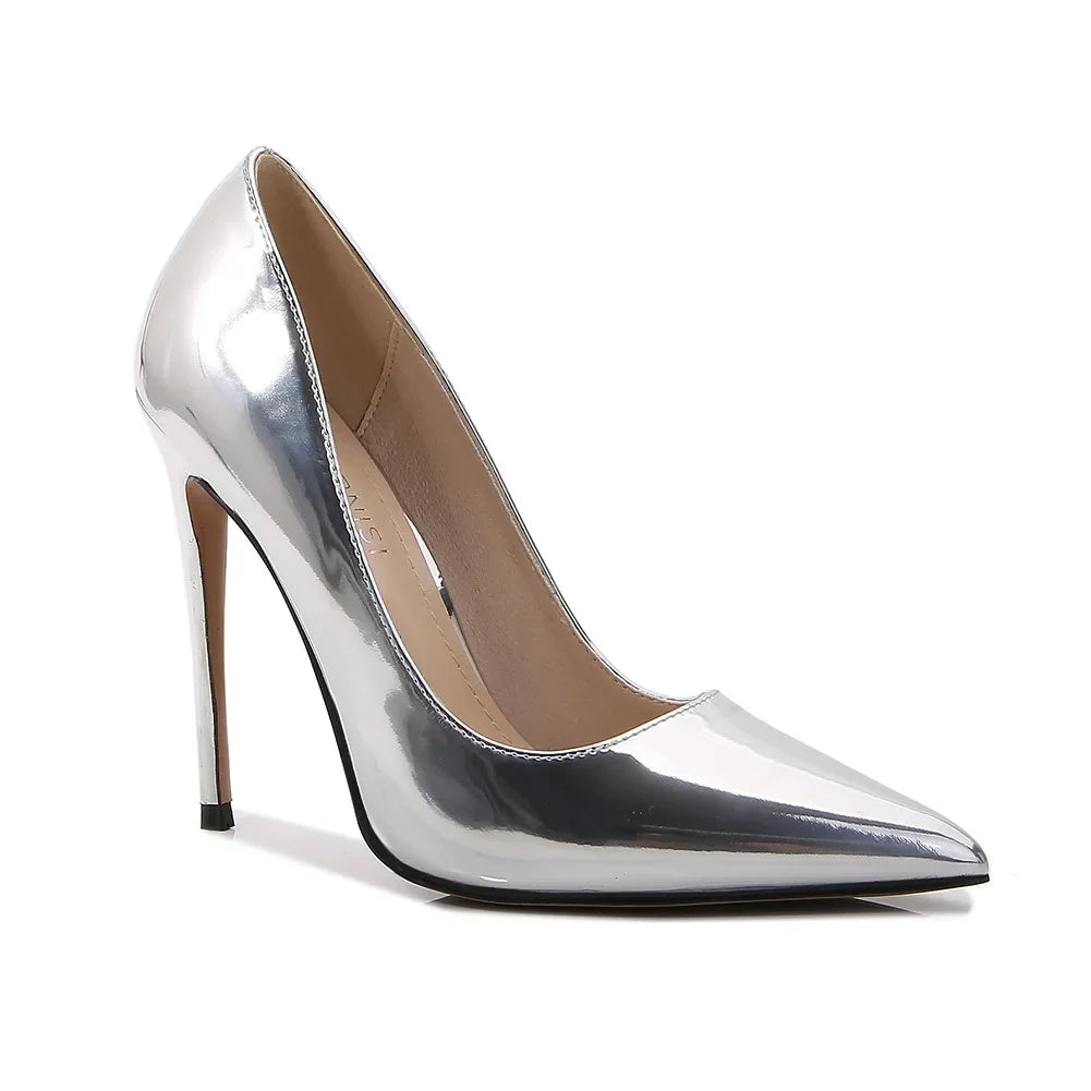 High Heels for Women ELEGANT Sweet Fashion British Style Slip-On 12CM Thin Heels Pointed Toe Office Career Women Shoes Gold 46 - Belvar
