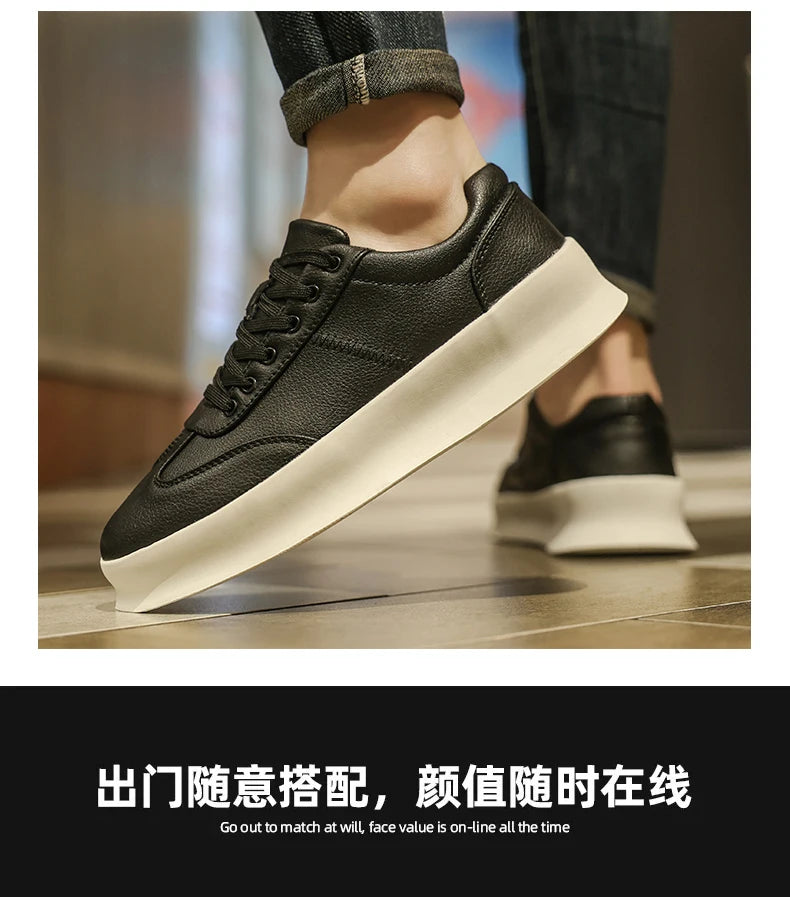 Original Men's Sneakers New Thick-soled Small White Shoes Casual Sports Flat Heel Round Toe Comfortable Trend Fashion Elastic PU - Belvar