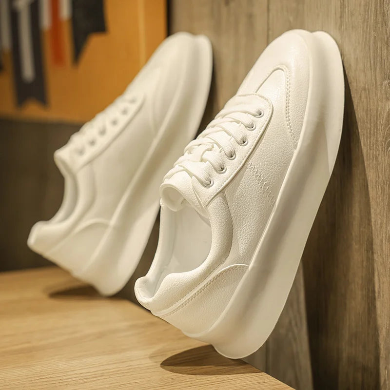 Original Men's Sneakers New Thick-soled Small White Shoes Casual Sports Flat Heel Round Toe Comfortable Trend Fashion Elastic PU - Belvar