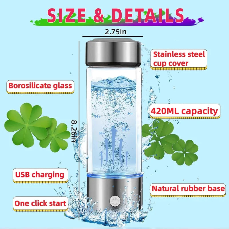 Portable Hydrogen Water Bottle Generator Ionizer Machine Rechargeable Hydrogen Rich Water Glass Health Cup 450ml Gift