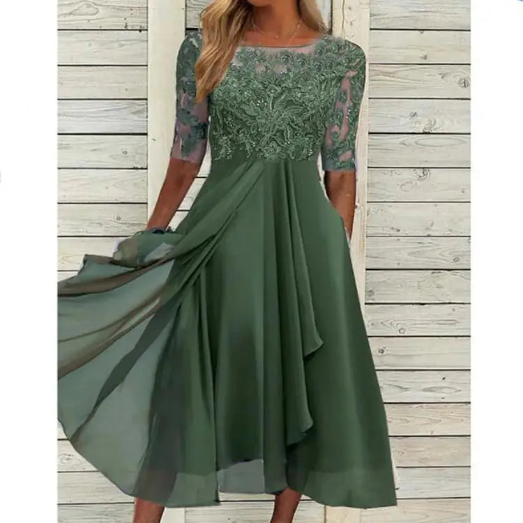 Womens Dresses Romantic Simple Dress With Chiffon Patchwork Lace Hollow Out Long Dress Bridesmaid Evening Dress Women's Wear