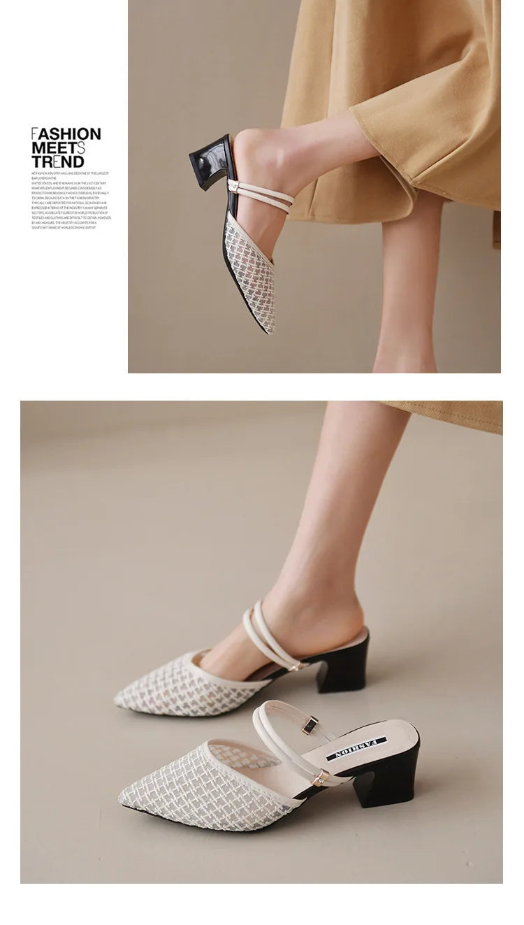 Women's New Slippers Minimalist Fashionable Thick-heeled Slip-on Sandals Summer Two-way Outer Wear One Line High Heel Slippers - Belvar
