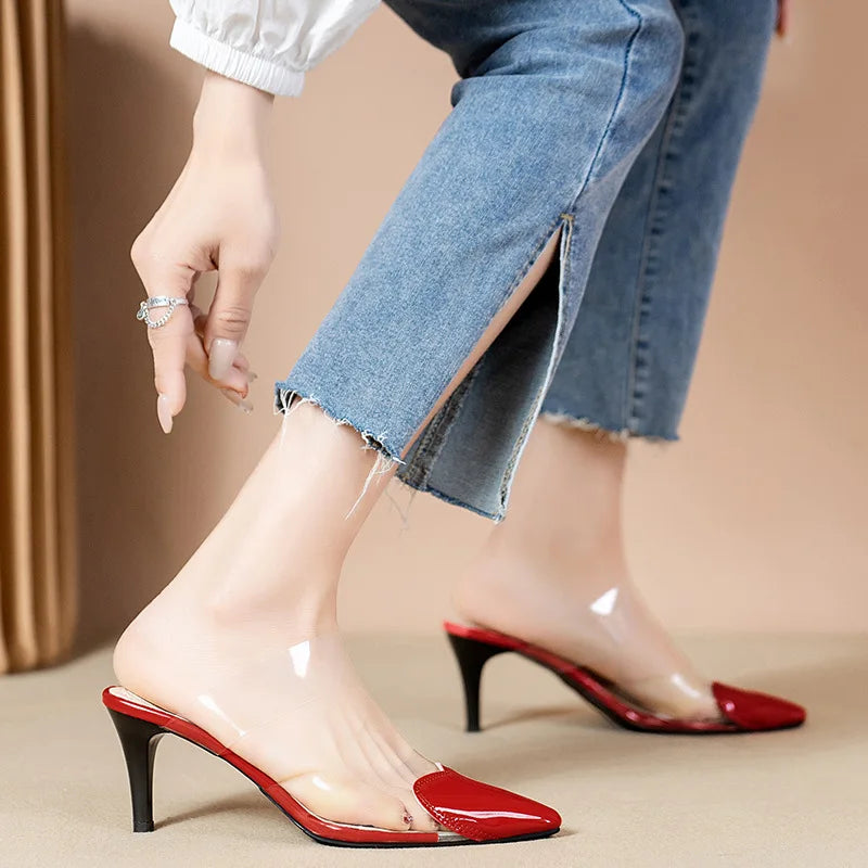 Pointed Toe Slippers,2024 High Heeled Summer Shoes,Transparent PVC Slides,Outside Wearing,Slip On,Black,White,Red,35-40,Dropship - Belvar