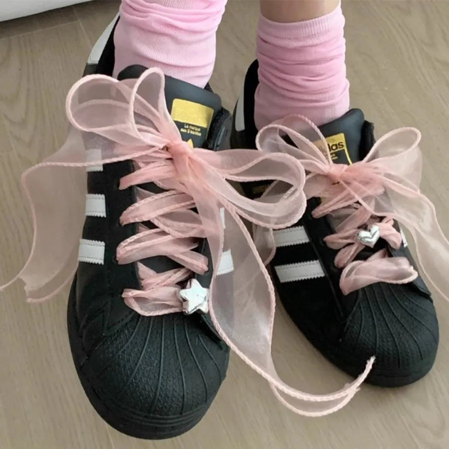4cm Wide Festoon Fishtail Organza Shoelaces Wave Chiffen Yarn Bow Laces Beauty White Casual Sneaker DE Training Shoes Laces
