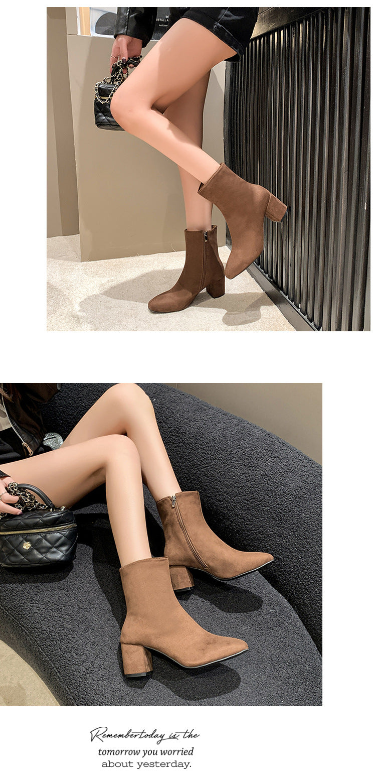 Ladies Shoes on Sale 2023 Zipper Women's Boots Autumn Square Toe Solid Short Barrel Shoes Female Chunky Heel Rider Boots Zapatos - Belvar