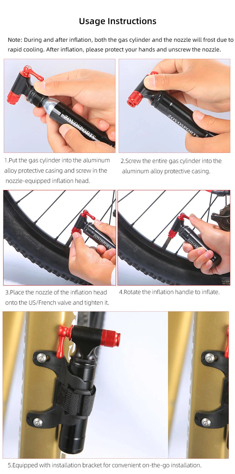 ZOYOSPORTS Bicycle CO2 Inflator Fits Presta Scrader Valve Road MTB Tire Quick Pumping Threaded 16/12/8G Unthreaded 16G Cartridge
