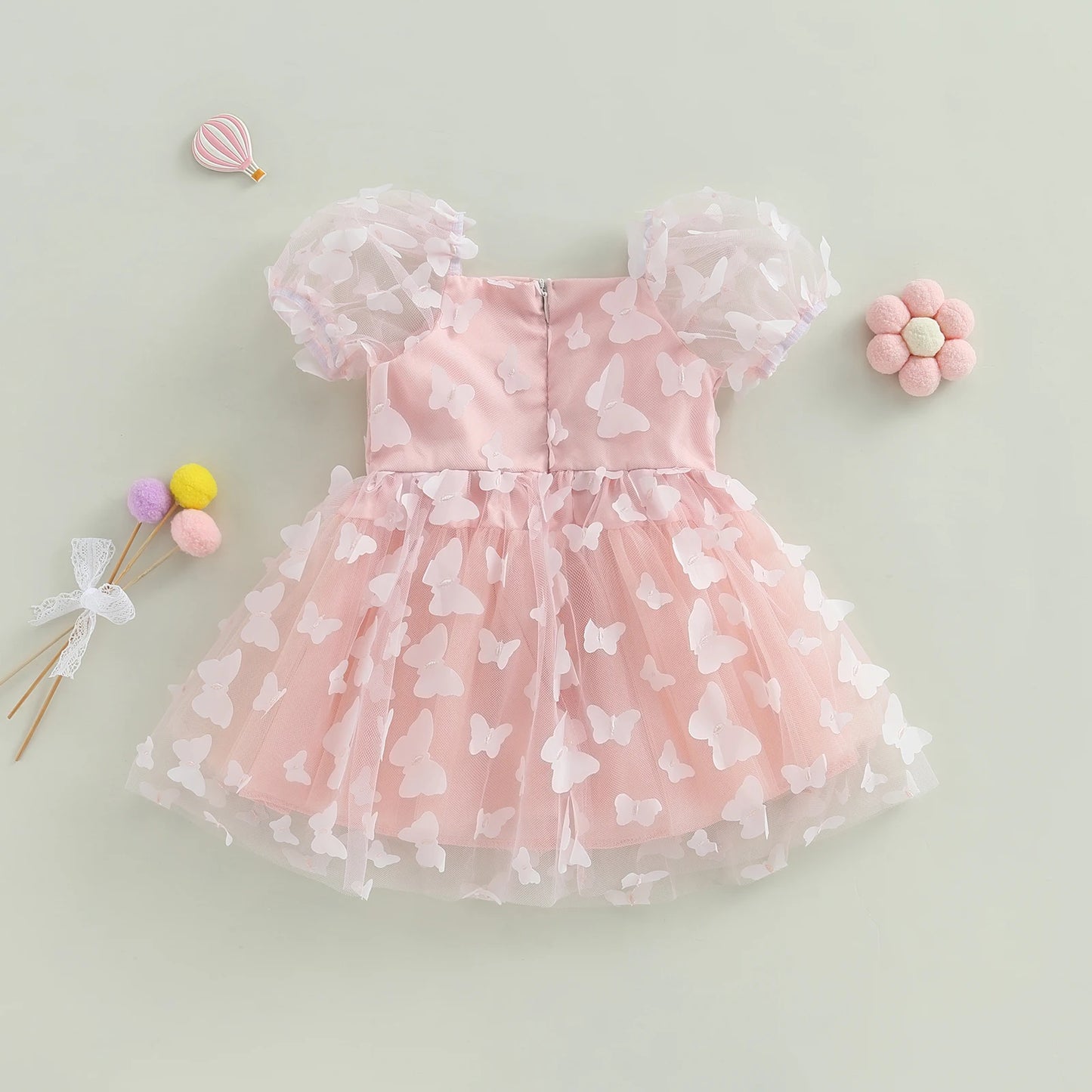 Pudcoco Kids Baby Girl Princess Dress, Puff Sleeve Tulle Dress Flower/Butterfly A-line Dress for Party Stage Show 1-6T