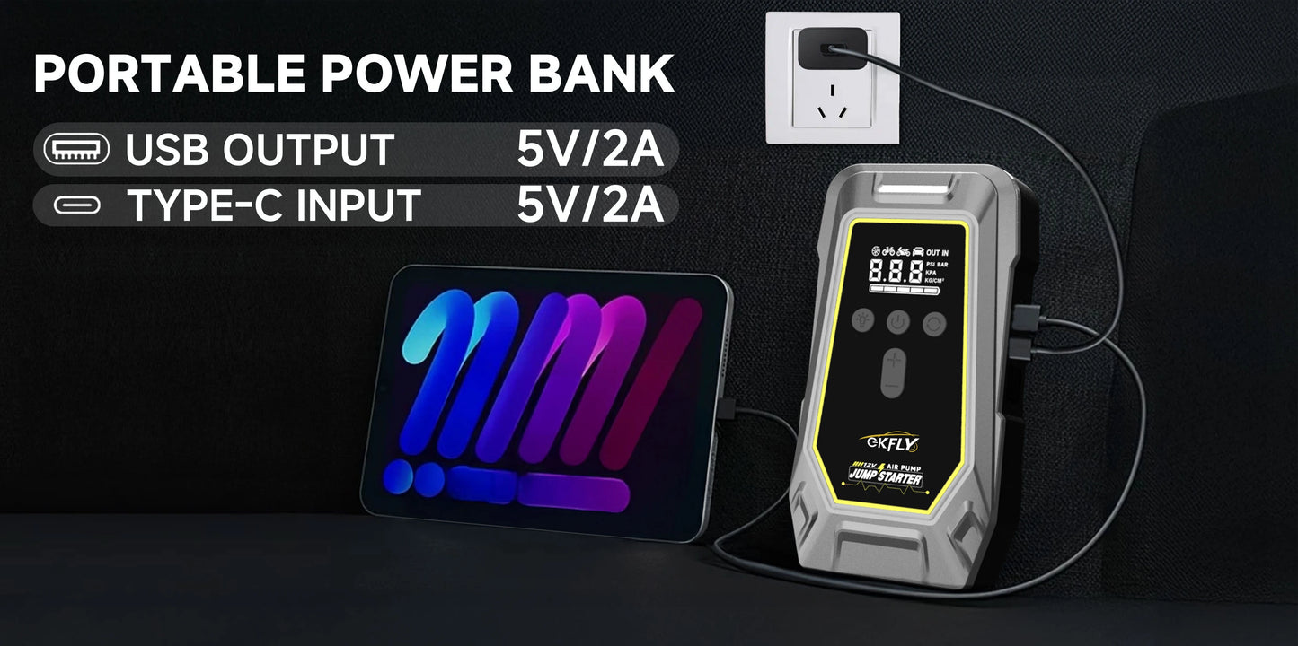 2000A Car Jump Starter Air Pump Multi-Function 4 In 1 Air Compressor Power Bank Car Battery Starter Starting Auto Tyre Inflator
