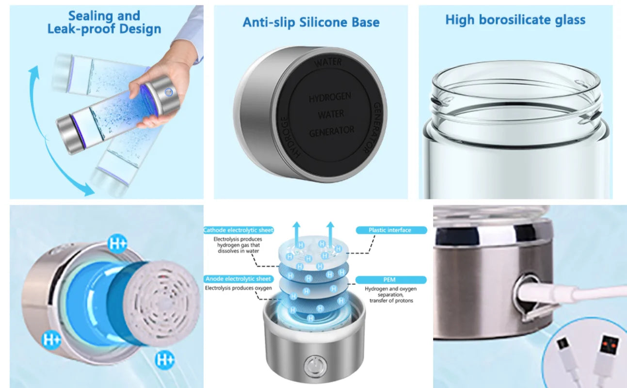 Portable Hydrogen Water Bottle Generator Ionizer Machine Rechargeable Hydrogen Rich Water Glass Health Cup 450ml Gift
