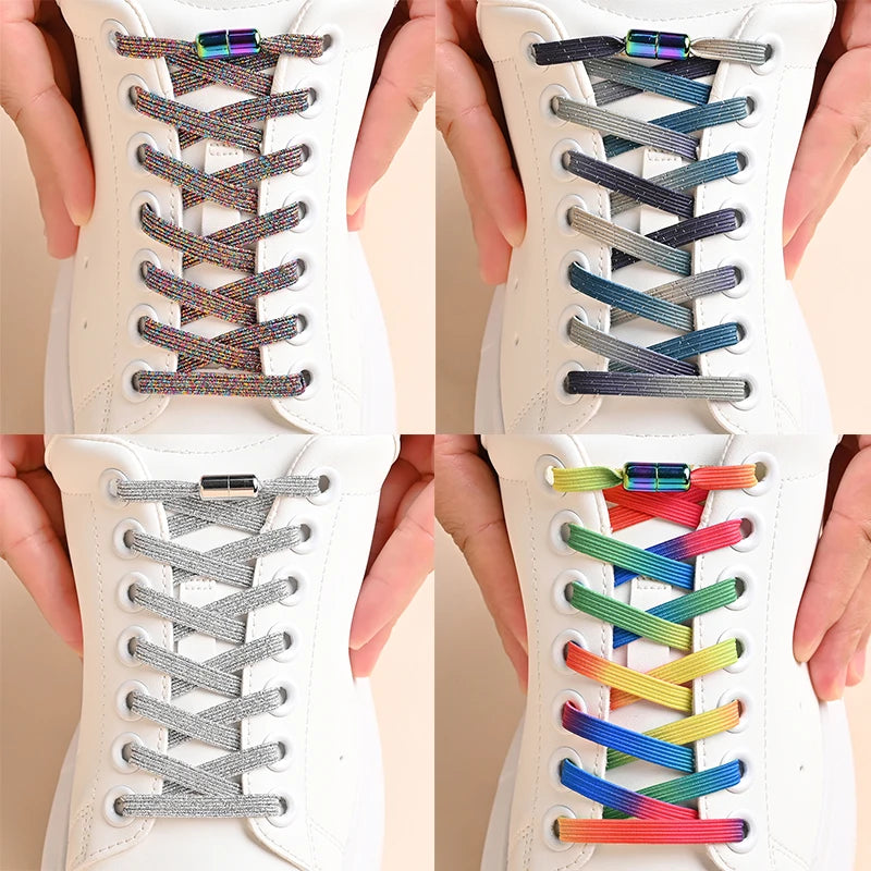 1Pair No Tie Shoe Laces Colorful Buckle Golden Shoelaces Pearl Light Colorful Fashion Without Ties Elastic Laces 