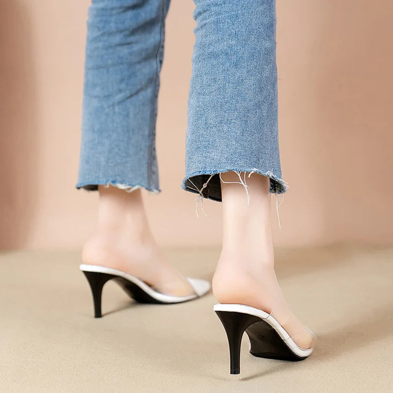 Pointed Toe Slippers,2024 High Heeled Summer Shoes,Transparent PVC Slides,Outside Wearing,Slip On,Black,White,Red,35-40,Dropship - Belvar
