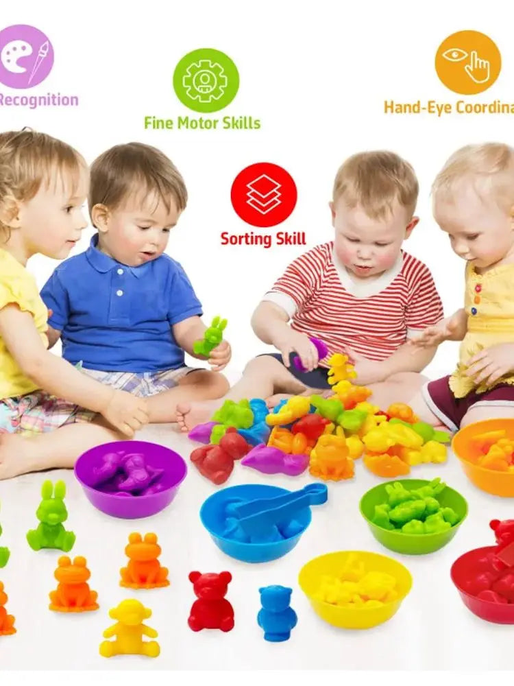 36PCS Colorful Animal Toy Set for Toddlers - Early Learning Educational Toys with Bowls & Tongs, Safe Plastic