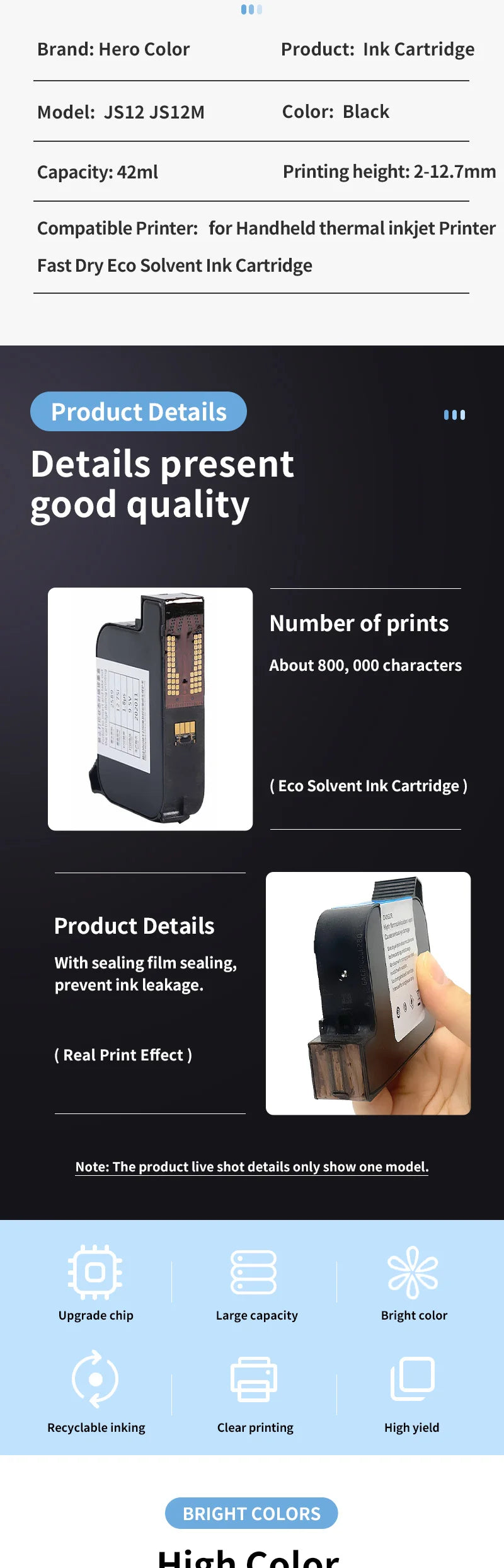 1pcs JS12 JS12M 600DPI 12.7mm Handheld thermal inkjet Printer Fast Dry Eco Solvent Ink Cartridge